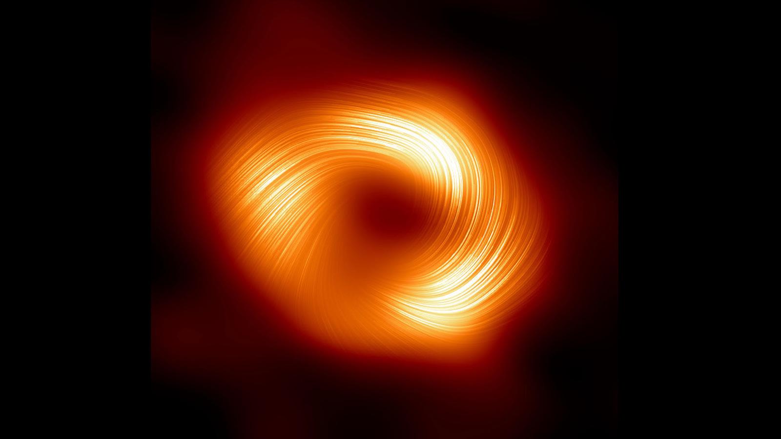 glowing gas with swirling lines representing polarized light surrounds the shadow of the Milky Way's supermassive black hole